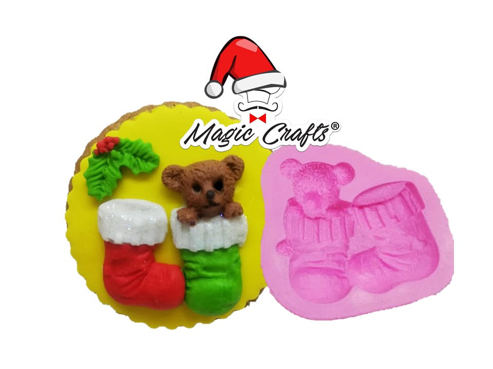 MOLDE DE SILICÓN OSO CON BOTAS NAVIDEÑAS