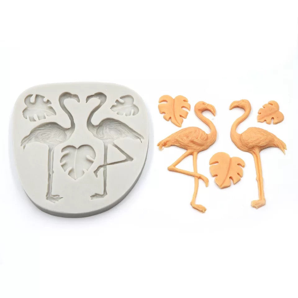 MOLDE DE SILICÓN FLAMINGOS Y HOJAS