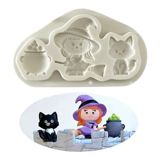 Molde de Silicón Bruja, Caldero y Gato