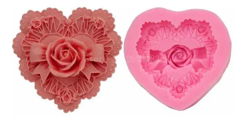 MOLDE DE SILICON CORAZON CON ROSA , SAN VALENTIN AMOR