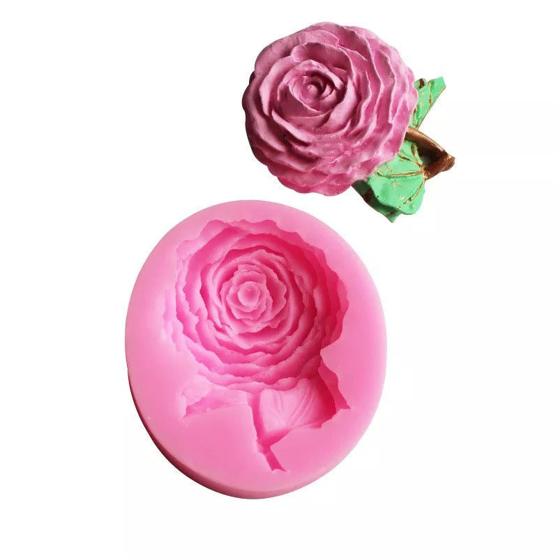 MOLDE DE SILICÓN ROSA CON TALLO Y HOJAS