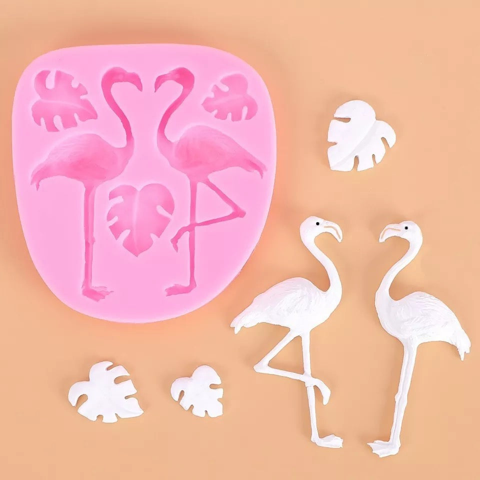 MOLDE DE SILICÓN FLAMINGOS Y HOJAS