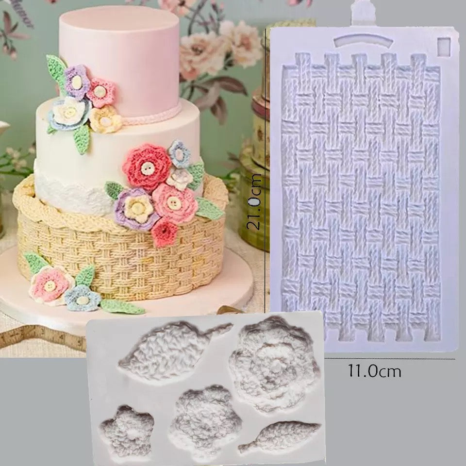 MOLDE DE SILICÓN PAQUETE TEJIDO CANASTA Y FLORES TEJIDAS